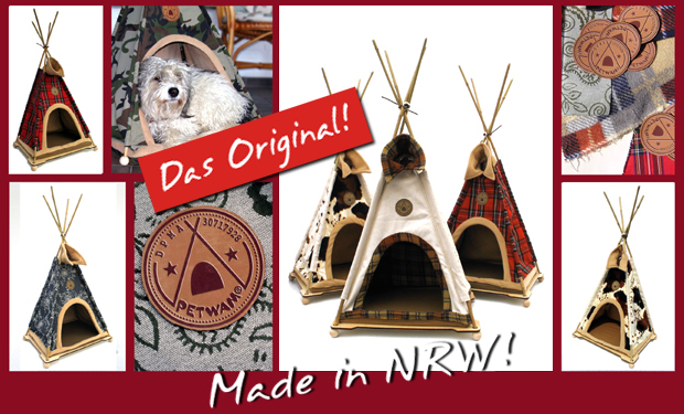 Abbildungen verschiedener Tipis und Materialien. Tipi L, tarn, mit Modellhund.